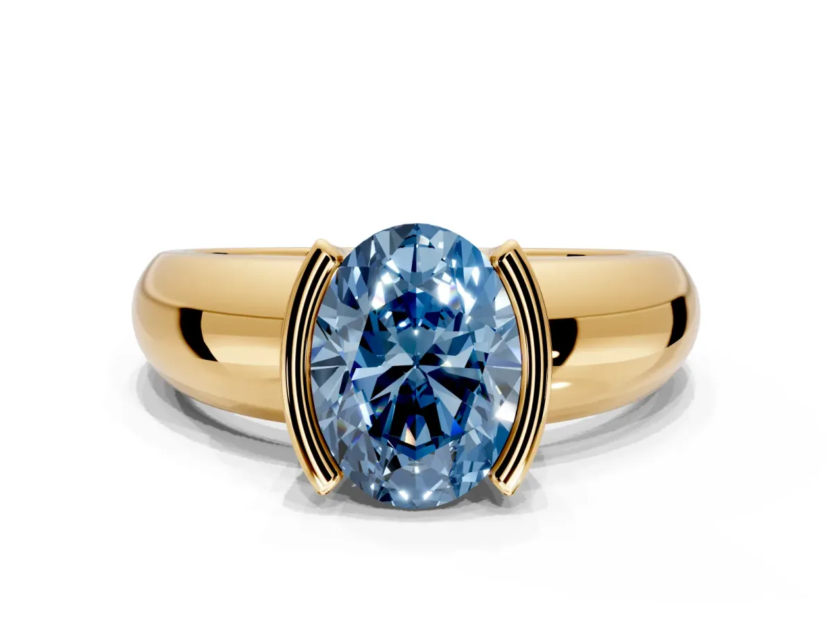 Tension Engagement Ring Setting for Fancy Blue Oval Center with Wide Flat Band and Tension Head in Yellow Gold