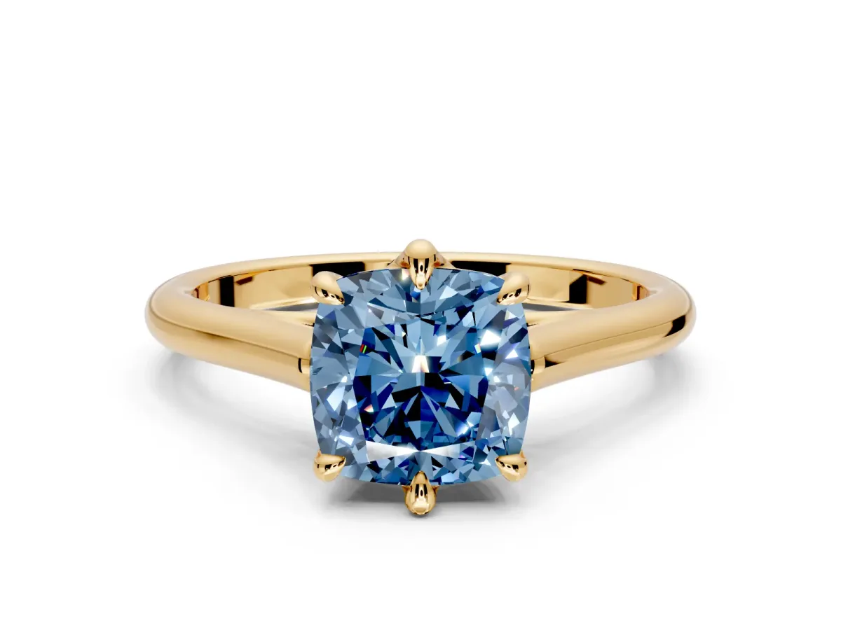 Solitaire Engagement Ring Setting for Fancy Blue Cushion Cut Center with Cathedral Band and Prong Head in Yellow Gold