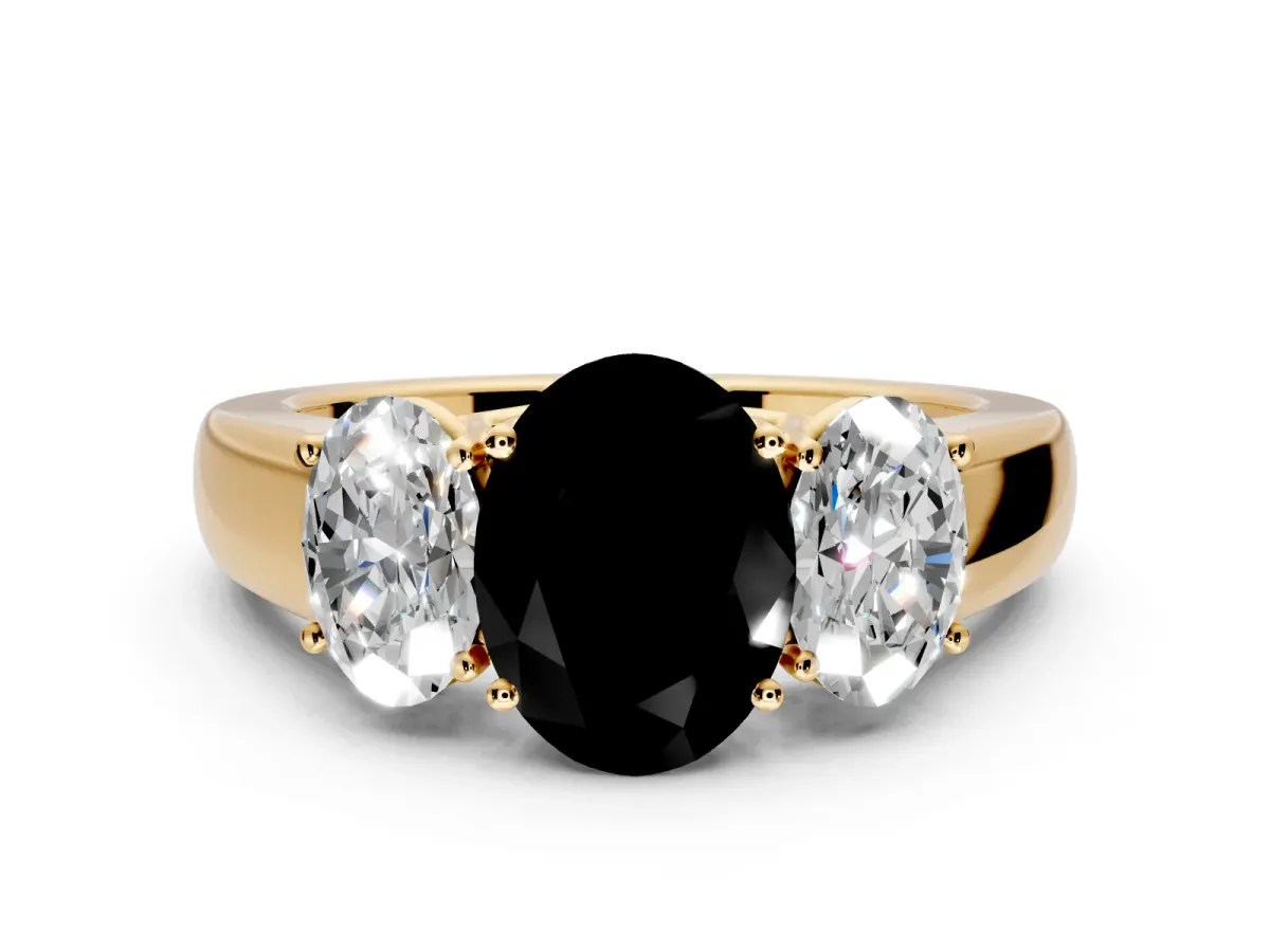 3 Stone Engagement Ring Setting for Fancy Black Oval Center with Raised Basket Heads and Prong Head in Yellow Gold