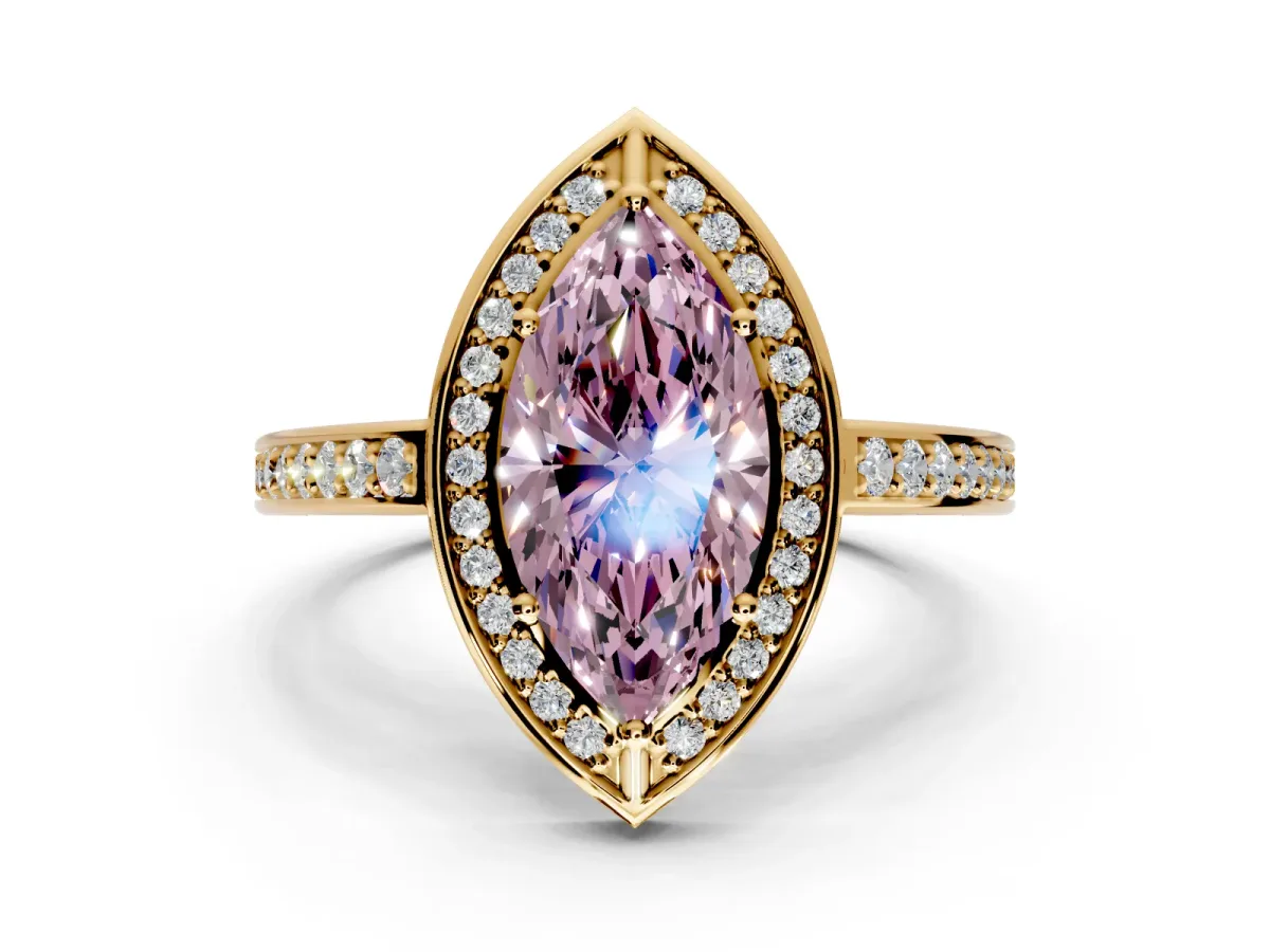 Halo Engagement Ring Setting for Fancy Pink Marquise Center with Framed Halo, Pave Band and Prong Head in Yellow Gold