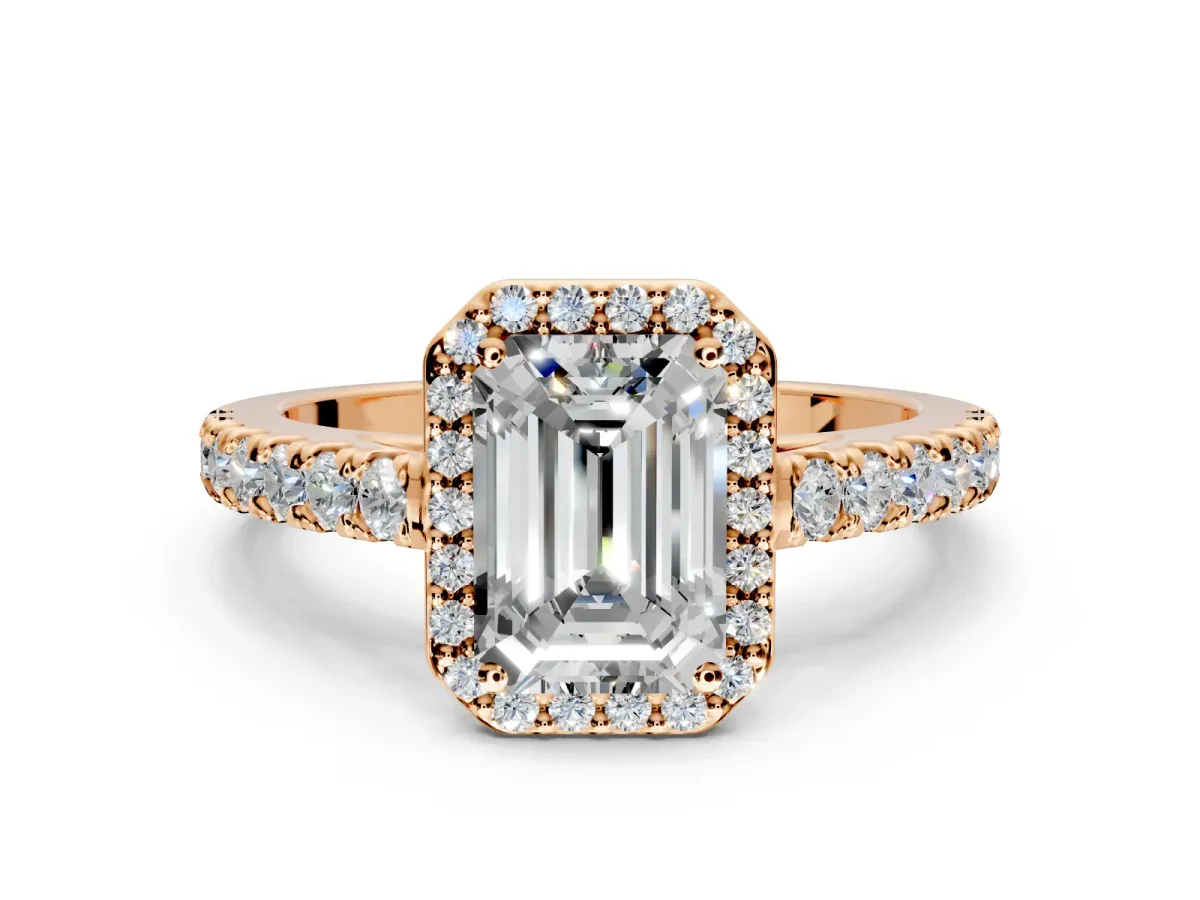 Halo Engagement Ring Setting for Emerald Cut Center with Full Pave Band and Prong Head in Rose Gold