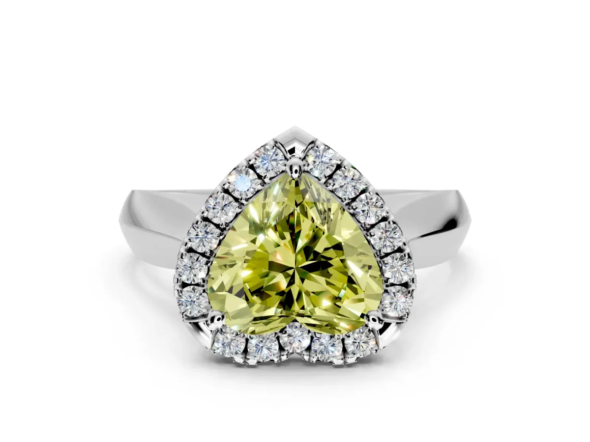Halo Engagement Ring Setting for Fancy Yellow Heart-Shaped Center with Square Band and Prong Head in Sterling Silver