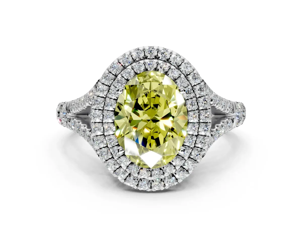Double Halo Engagement Ring Setting for Fancy Yellow Oval Center with Narrow Pave Split Shank and Prong Head in Platinum
