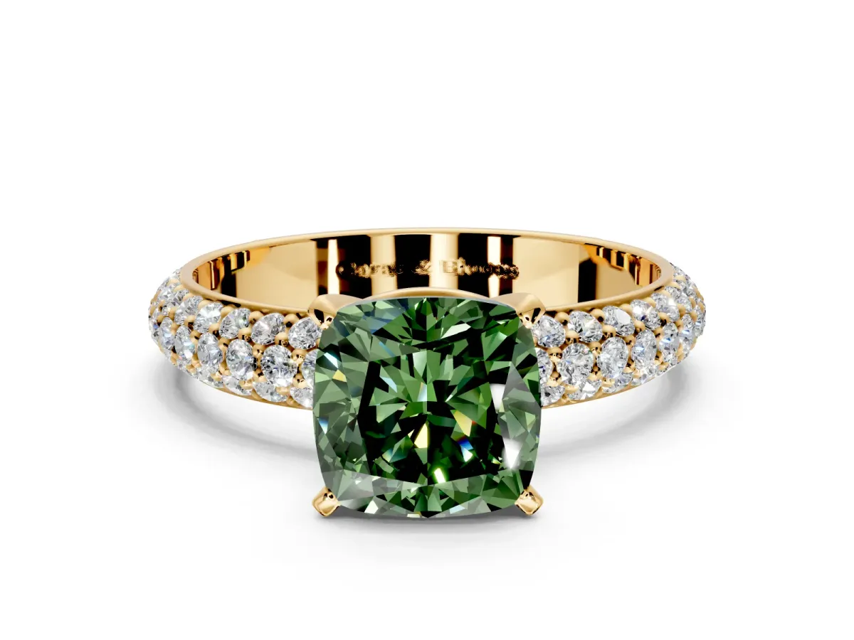 Solitaire Engagement Ring Setting for Fancy Green Cushion Cut Center with Domed Multi-Row Pave Band and Prong Head in Yellow Gold