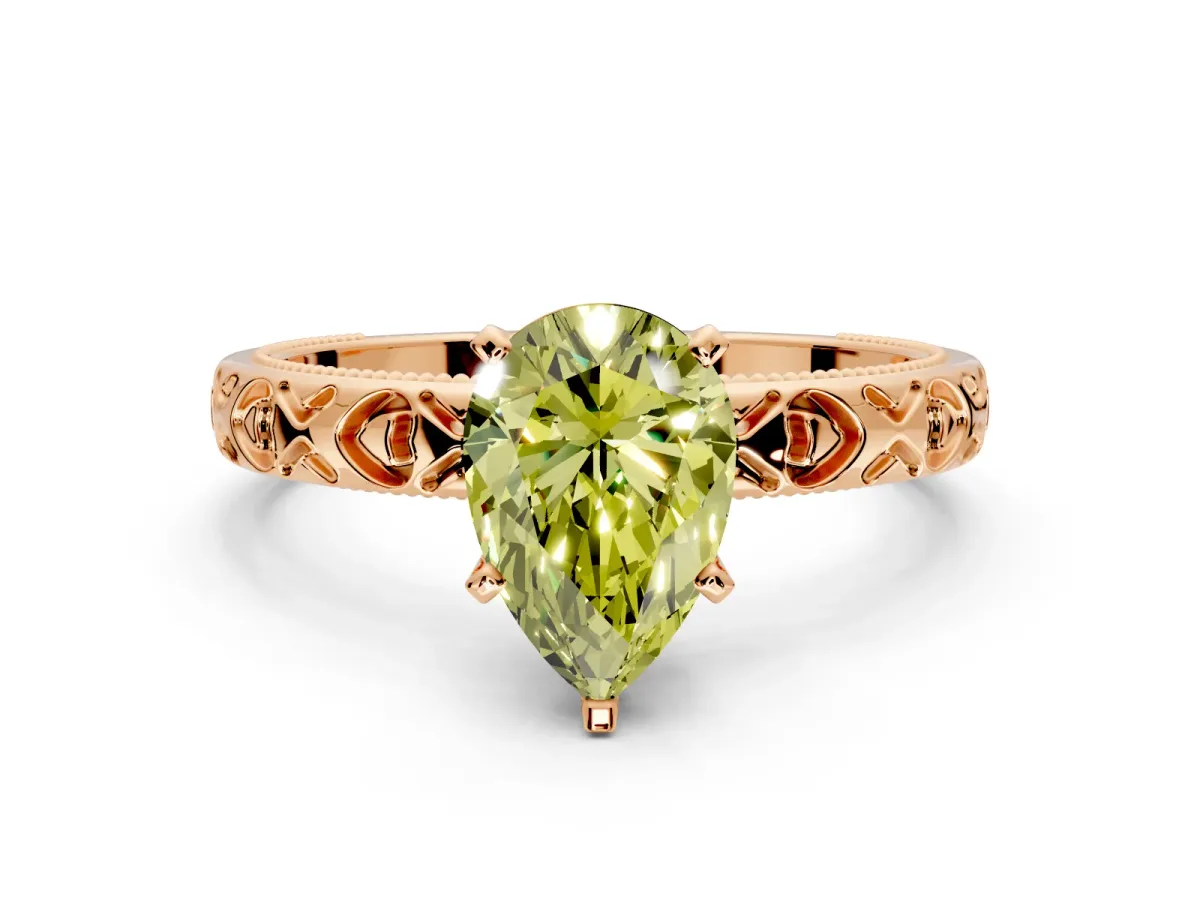Solitaire Engagement Ring Setting for Fancy Yellow Pear-Shaped Center with XO Engraved Band and Prong Head in Rose Gold