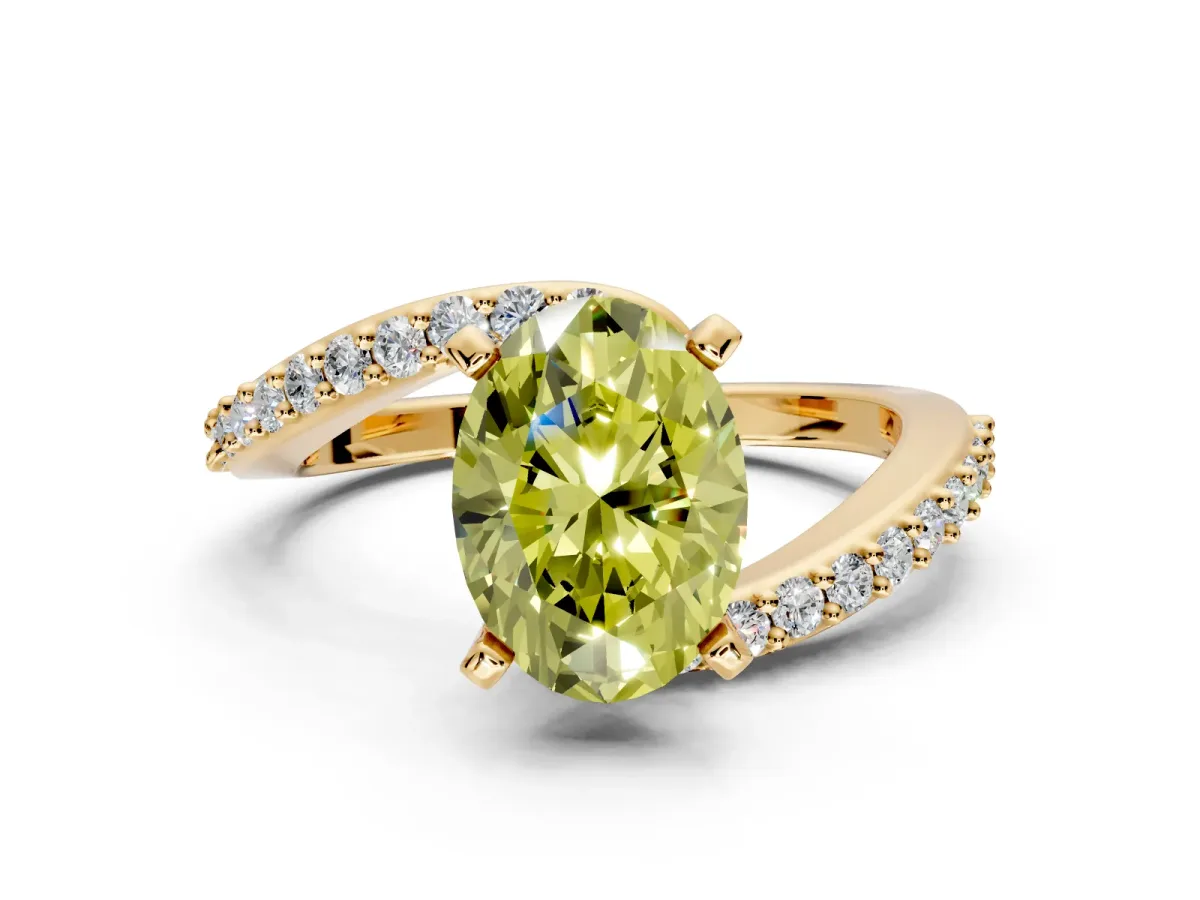 Solitaire Engagement Ring Setting for Fancy Yellow Oval Center with Pave Bypass Swirl Band and Prong Head in Yellow Gold