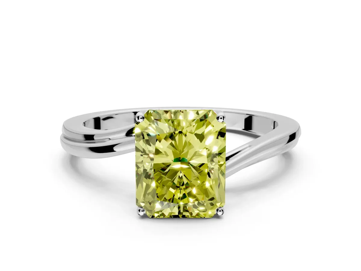 Solitaire Engagement Ring Setting for Fancy Yellow Radiant Cut Center with Plain Bypass Twist Band and Prong Head in Platinum