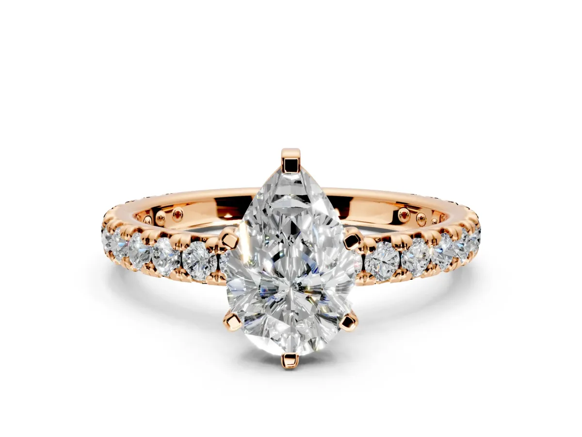Solitaire Engagement Ring Setting for Pear-Shaped Center with Shared-Prong Accents and Prong Head in Rose Gold