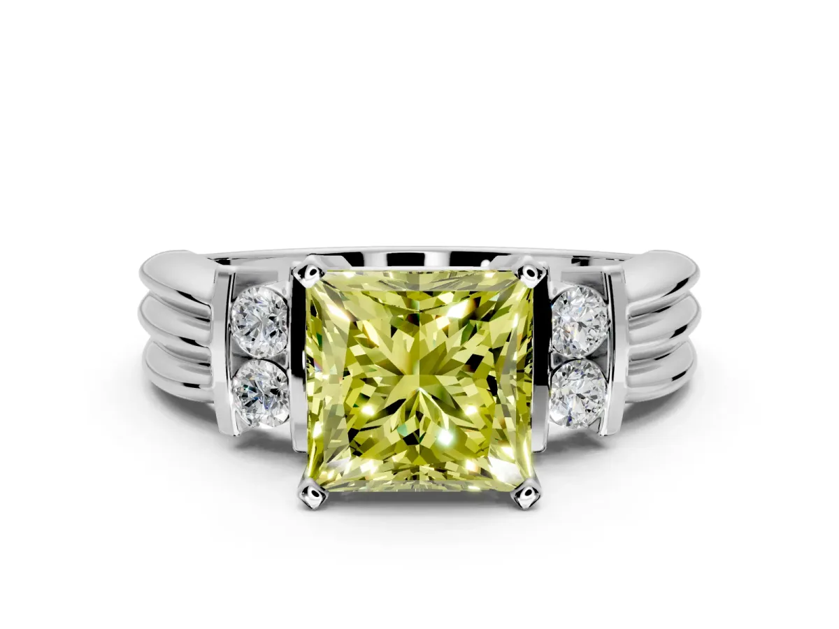 Solitaire Engagement Ring Setting for Fancy Yellow Princess Cut Center with Grooved Bar Accent Band and Prong Head in Sterling Silver