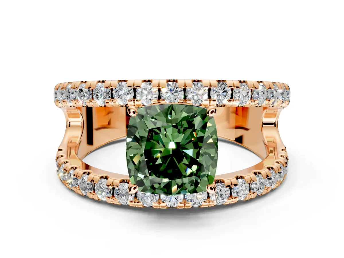 Solitaire Engagement Ring Setting for Fancy Green Cushion Cut Center with Wide-Open Split Shank and Prong Head in Rose Gold