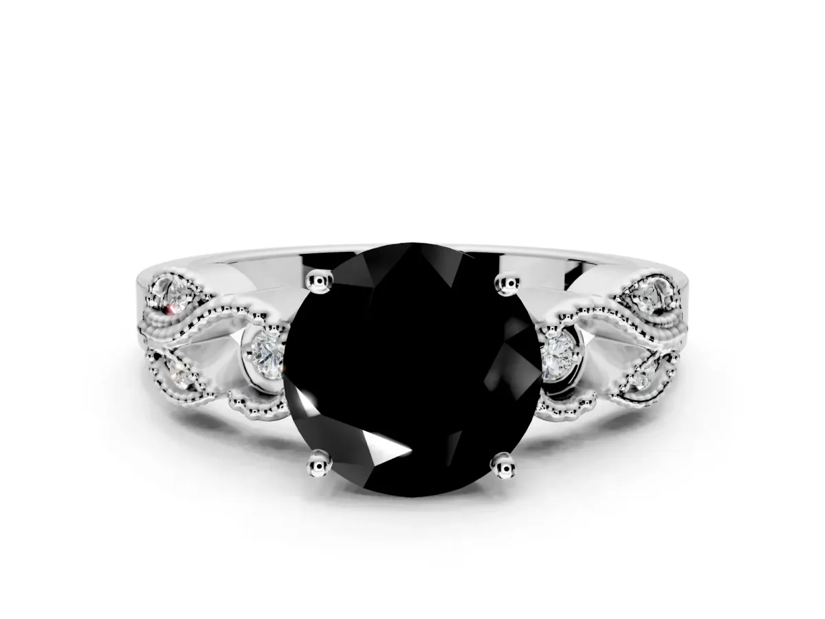 Leaf Engagement Ring Setting for Fancy Black Round Cut Center with Milgrain Accent Band and Prong Head in White Gold