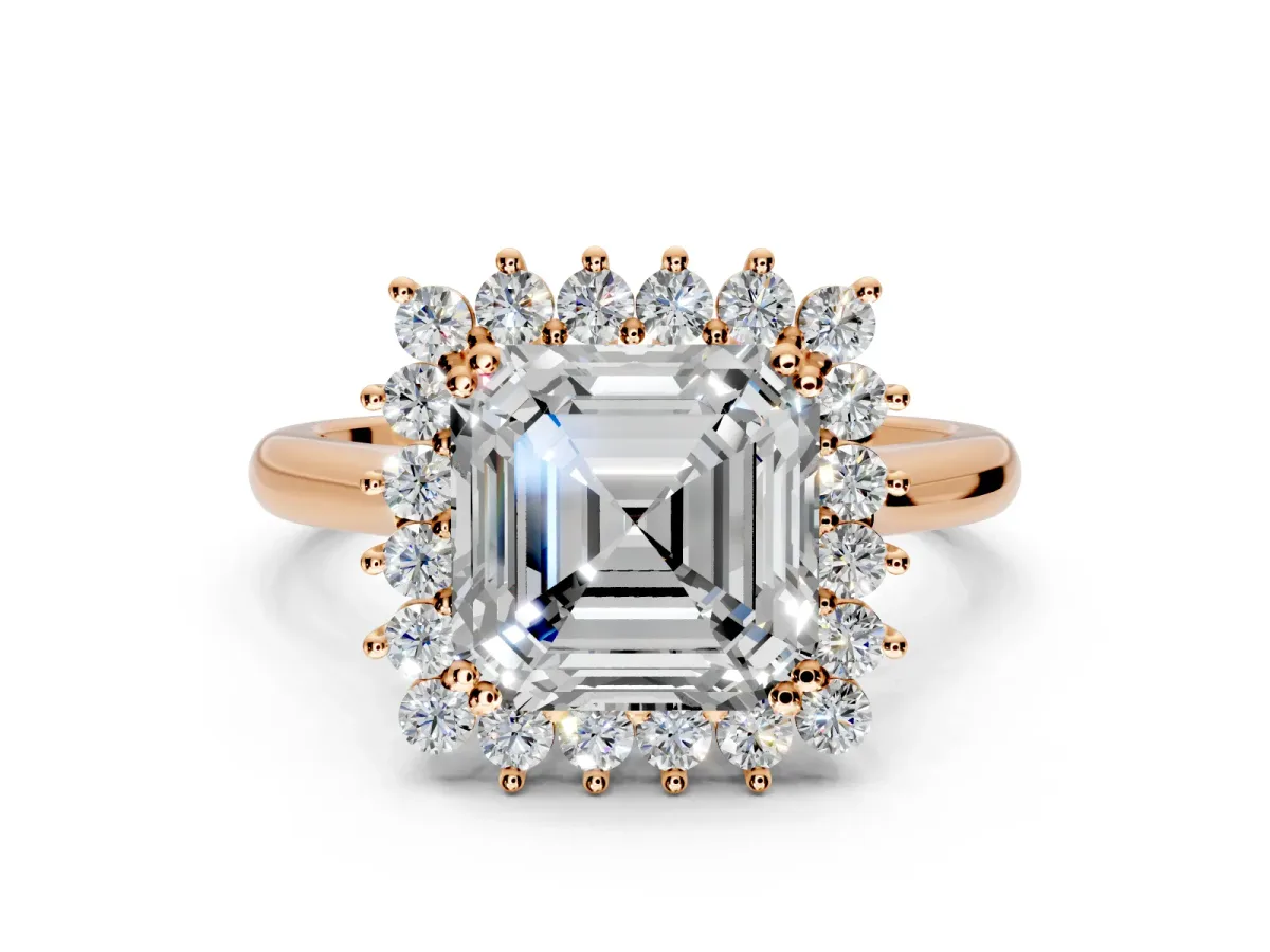 Starburst Halo Engagement Ring Setting for Asscher Cut Center with Thin Round-Wire Band and Prong Head in Rose Gold
