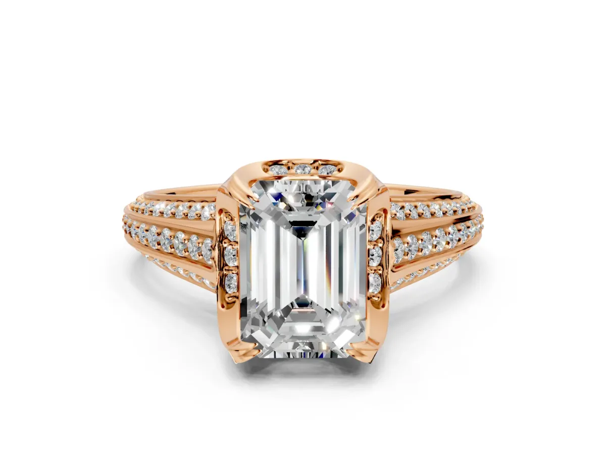 Solitaire Engagement Ring Setting for Emerald Cut Center with Accented Split Shank and Prong Head in Rose Gold