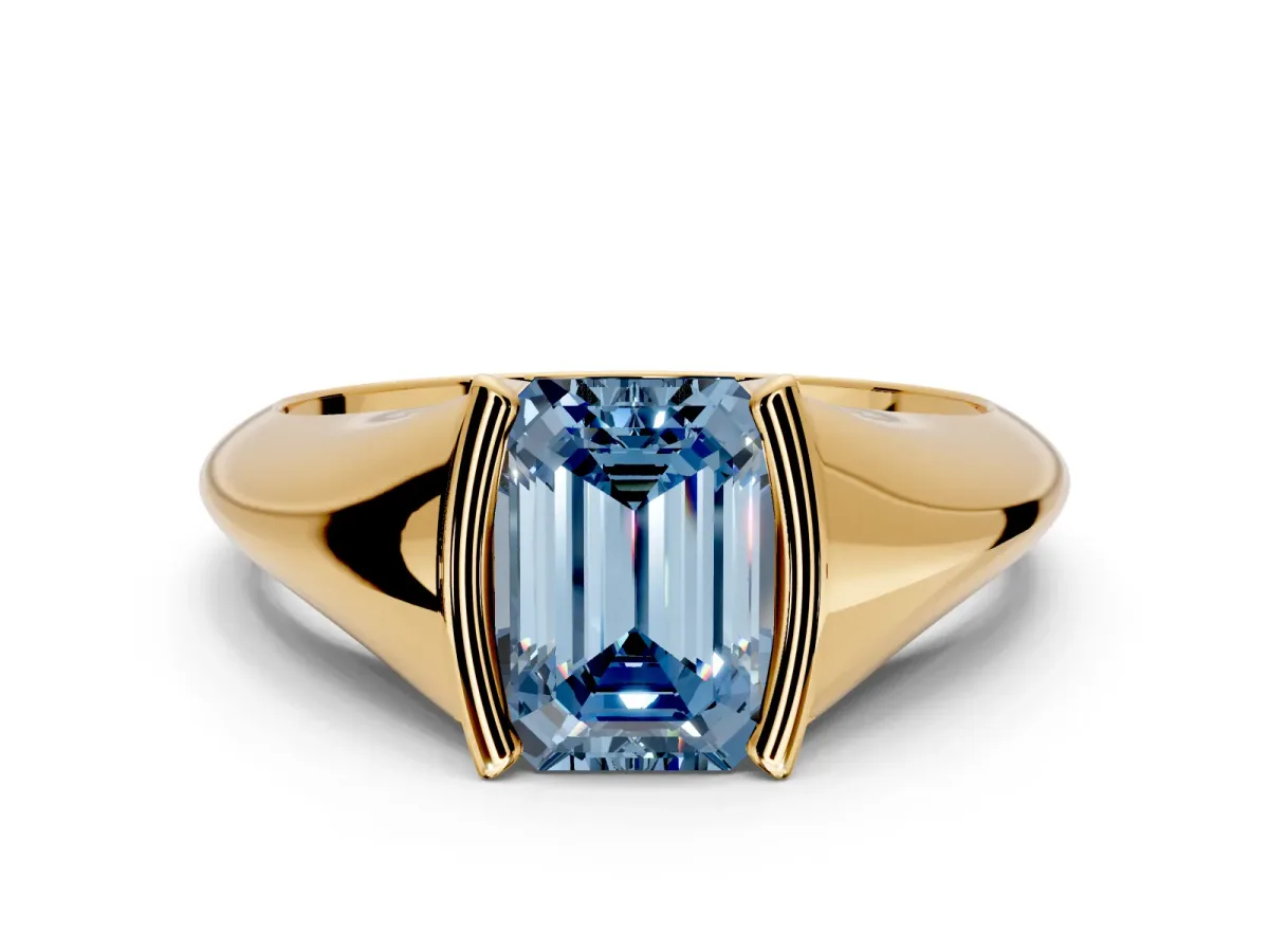 Tension Engagement Ring Setting for Fancy Blue Emerald Cut Center with Wide Tapered Band and Tension Head in Yellow Gold