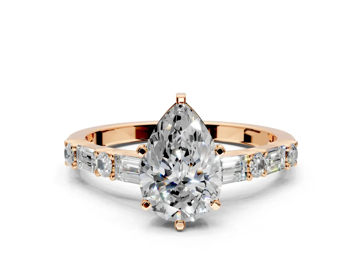 Baguette Engagement Ring Setting for Pear-Shaped Center with Alternating Bar-Set Band and Prong Head in Rose Gold