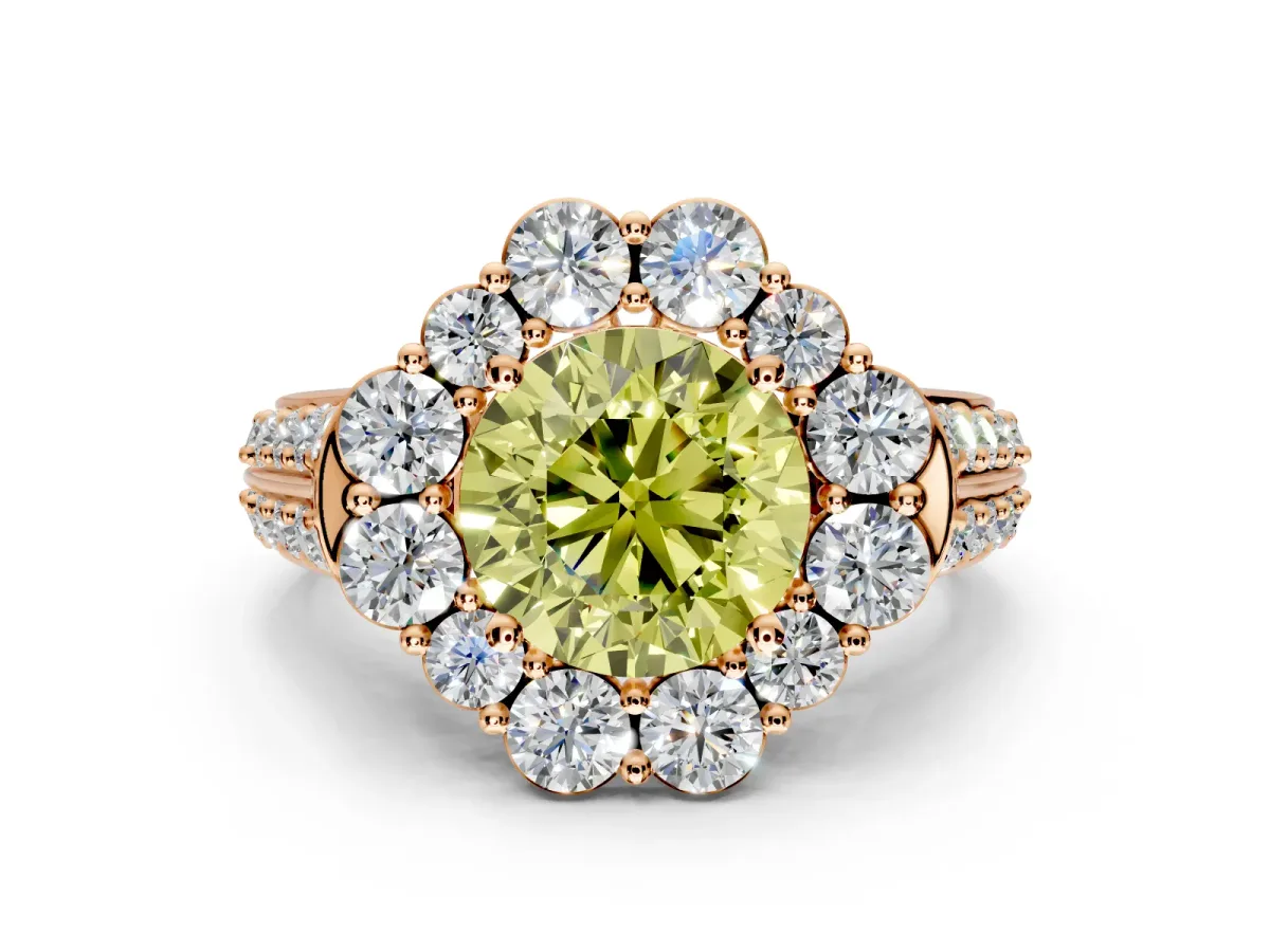 Large Accent Halo Engagement Ring Setting for Fancy Yellow Round Cut Center with Pave Split Shank and Prong Head in Rose Gold