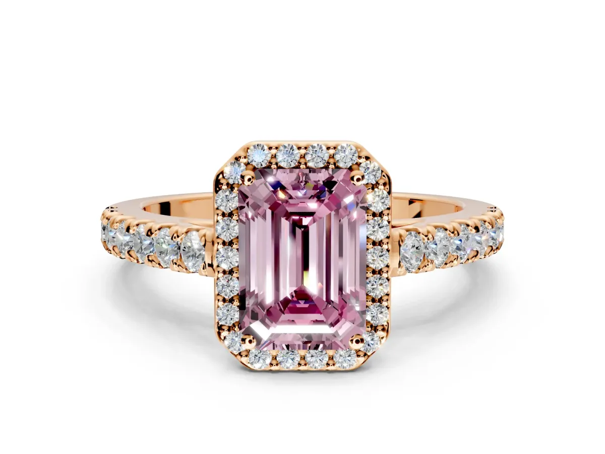 Halo Engagement Ring Setting for Fancy Pink Emerald Cut Center with Full Pave Band and Prong Head in Rose Gold