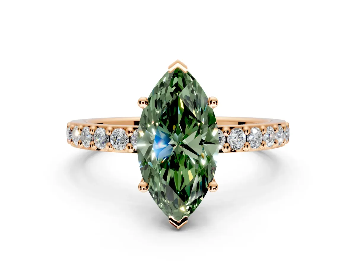 Solitaire Engagement Ring Setting for Fancy Green Marquise Center with Round Cut Pave Band and Prong Head in Rose Gold