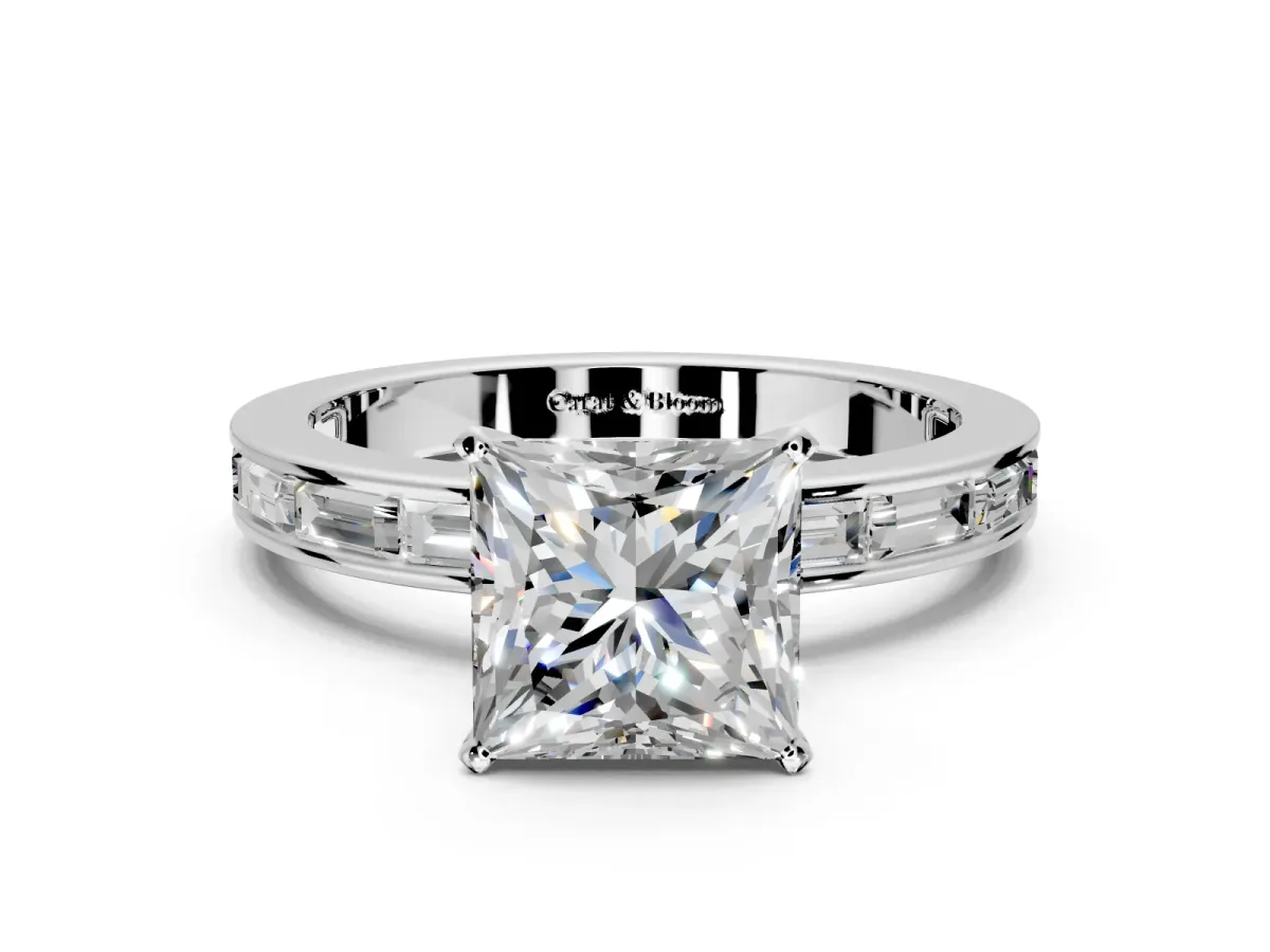 Solitaire Engagement Ring Setting for Princess Cut Center with Channel Baguette Band and Prong Head in Platinum