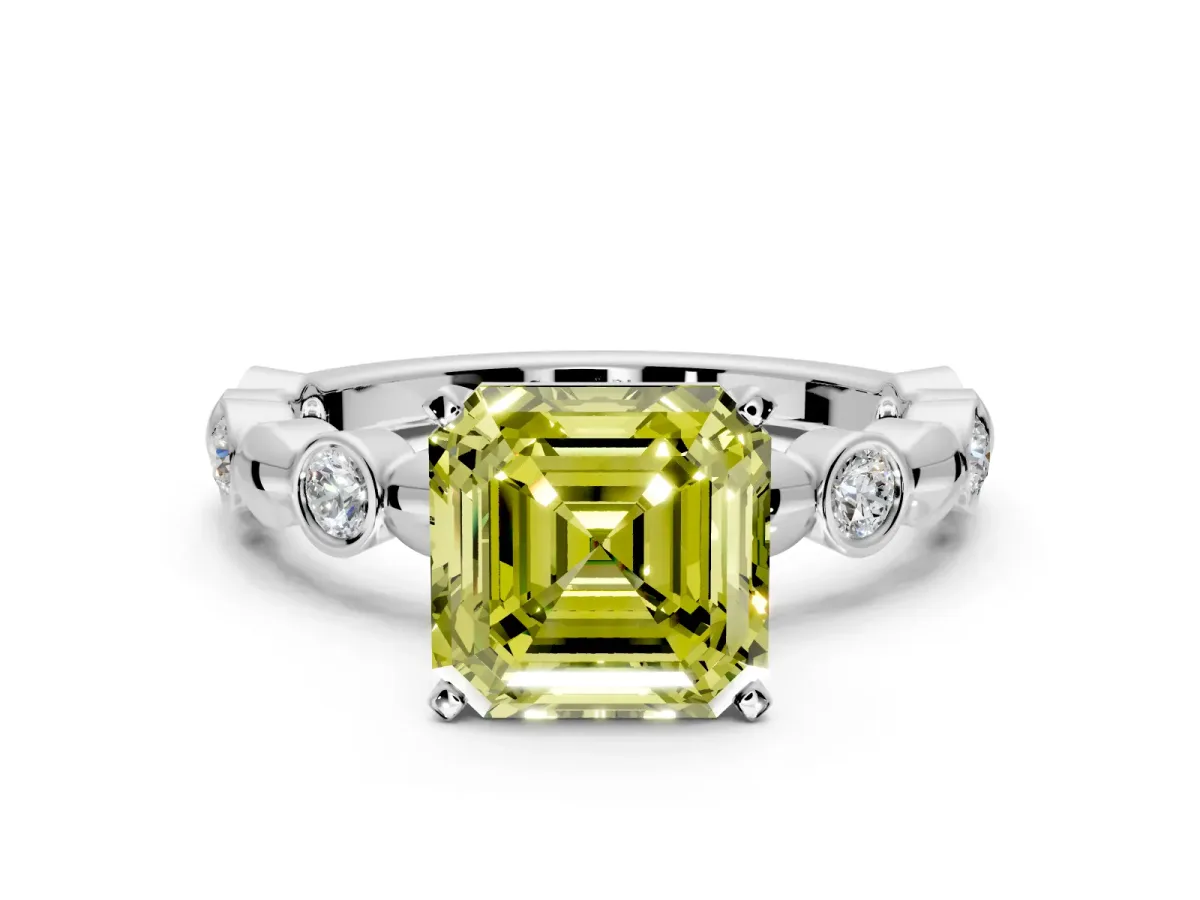 Solitaire Engagement Ring Setting for Fancy Yellow Asscher Cut Center with Beaded Bezel Station Band and Prong Head in White Gold