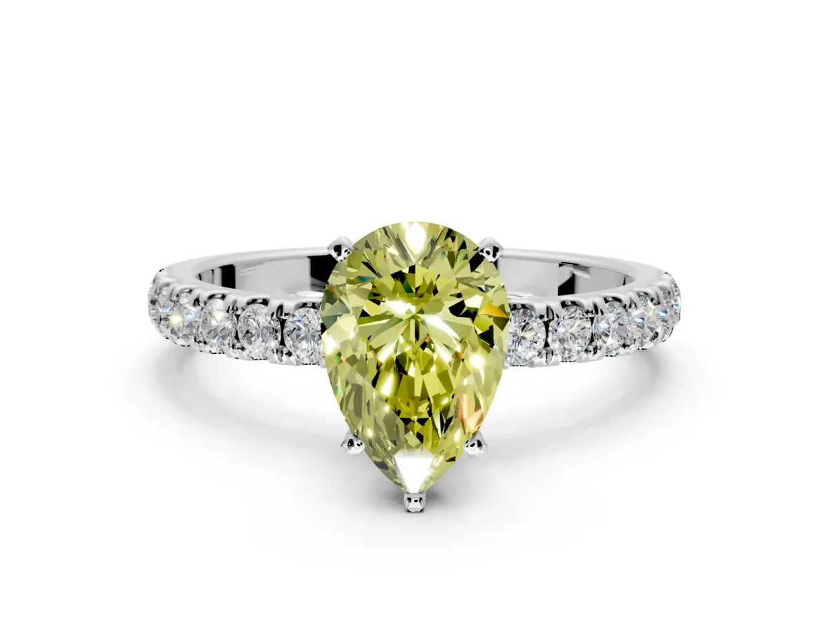 Open Basket Engagement Ring Setting for Fancy Yellow Pear-Shaped Center with Pave Band and Prong Head in Platinum