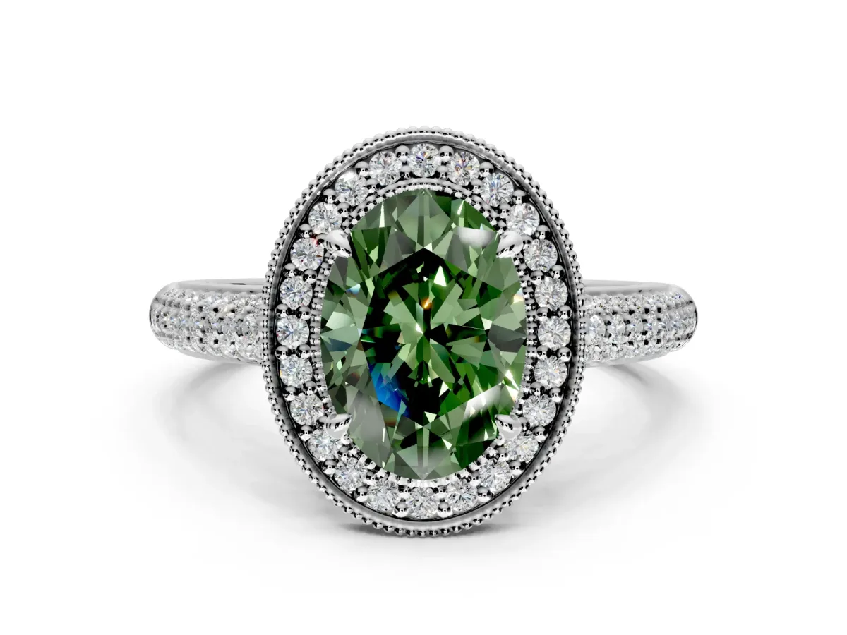 Milgrain Halo Engagement Ring Setting for Fancy Green Oval Center with Three-Sided Pave Band and Prong Head in Platinum