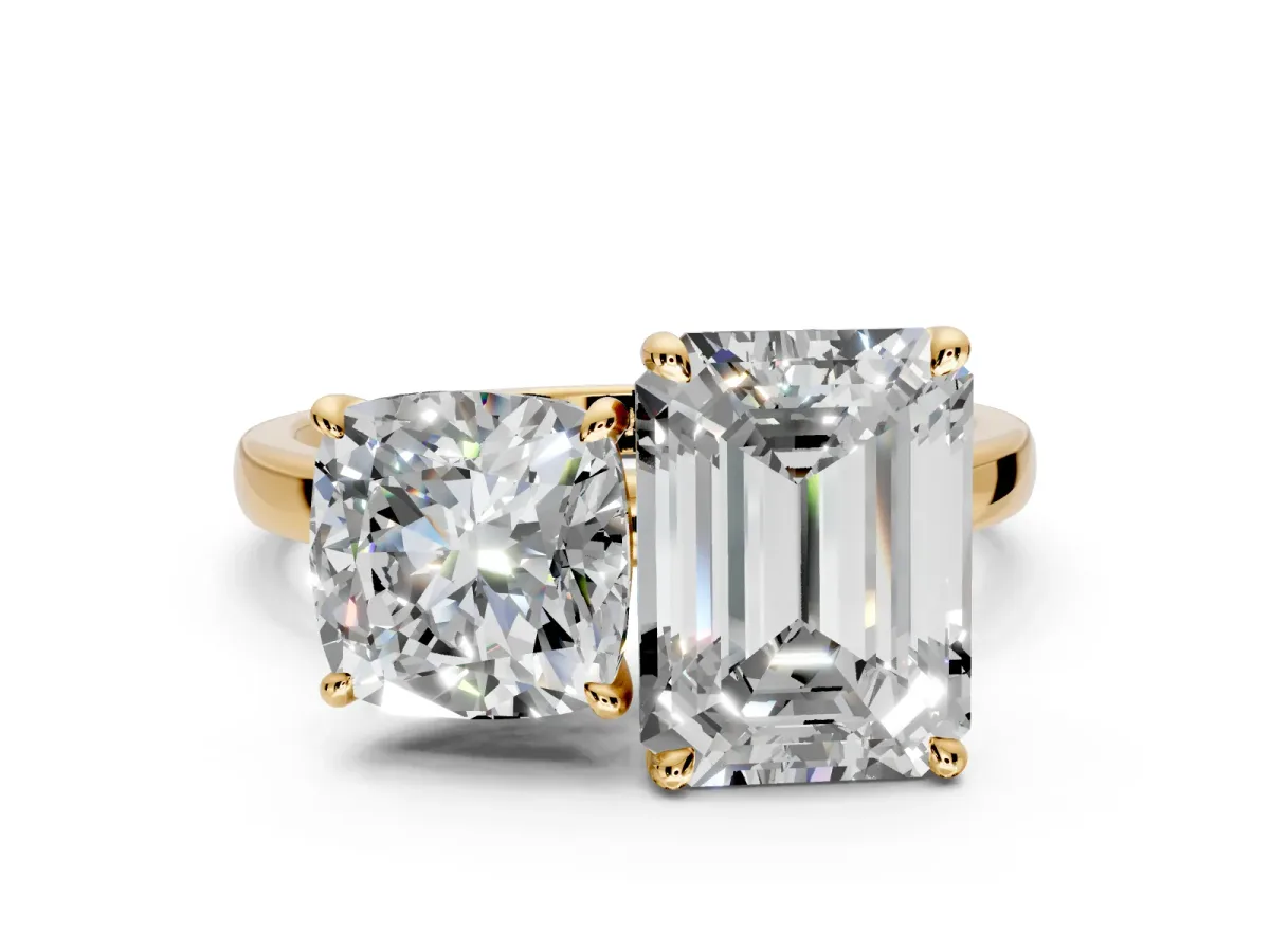 Cushion Cut and Emerald Cut Lab-Grown Diamond Toi et Moi Engagement Ring with Prong-Set Stones in Yellow Gold
