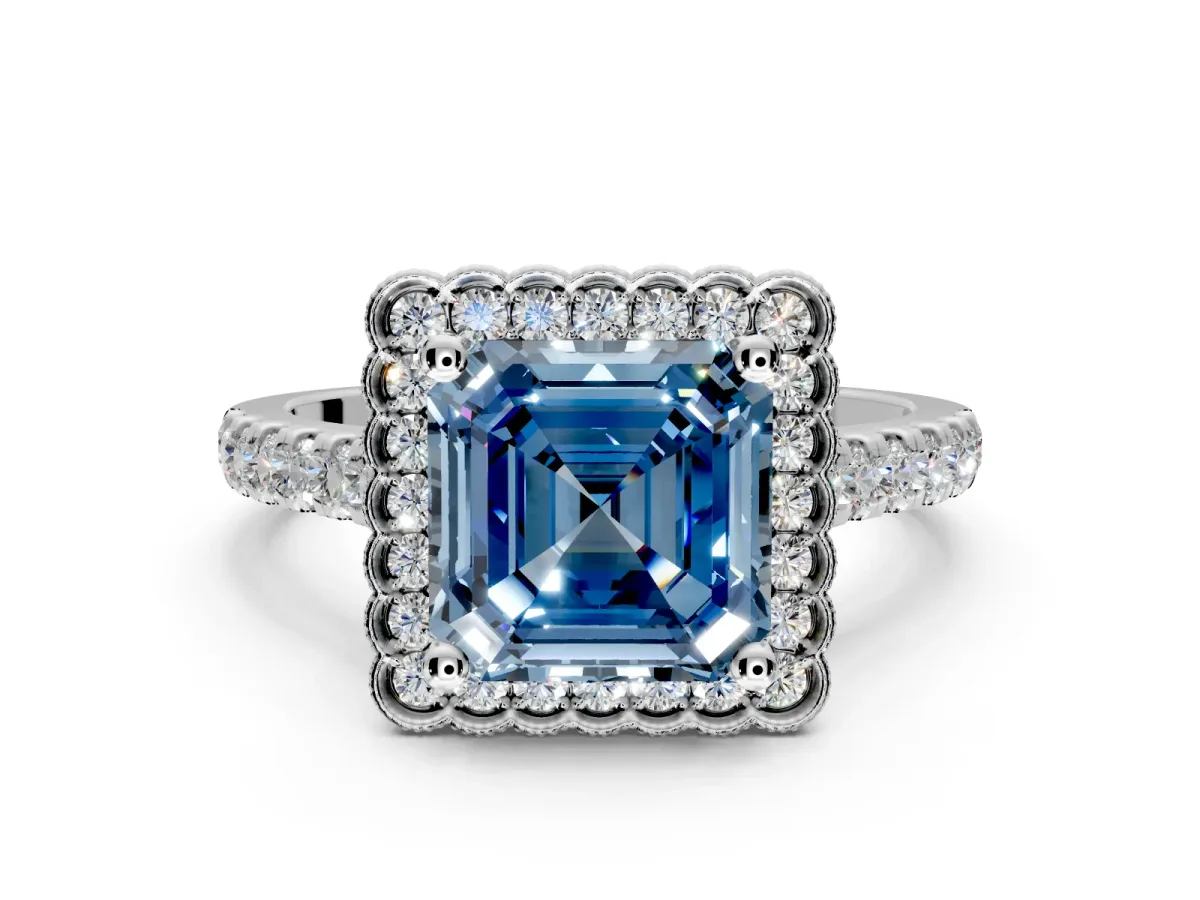 Milgrain Floral Halo Engagement Ring Setting for Fancy Blue Asscher Cut Center with Pave Band and Prong Head in Platinum