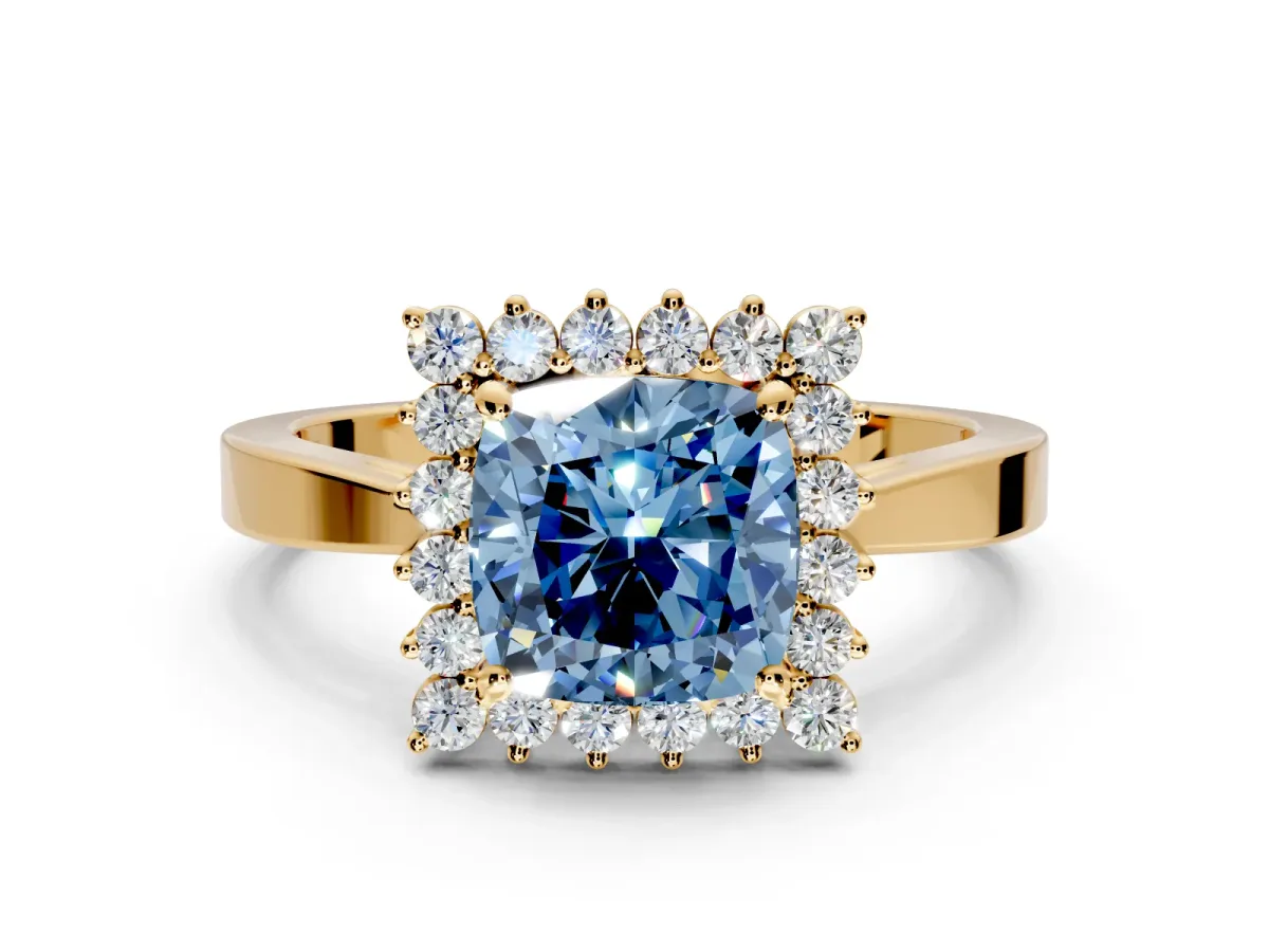Starburst Halo Engagement Ring Setting for Fancy Blue Cushion Cut Center with Flat Cathedral Band and Prong Head in Yellow Gold