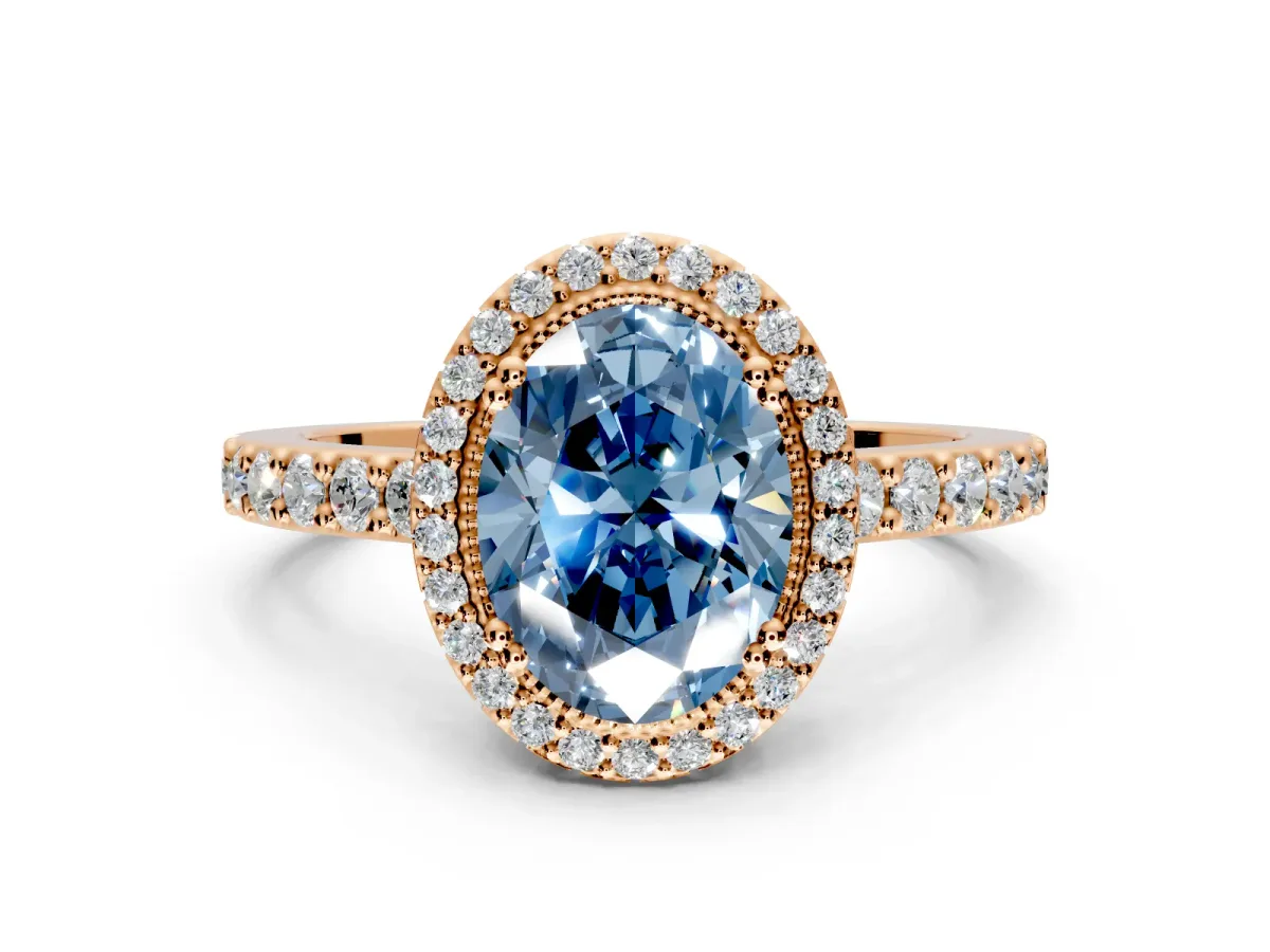 Halo Engagement Ring Setting for Fancy Blue Oval Center with Inner Milgrain Border and Prong Head in Rose Gold