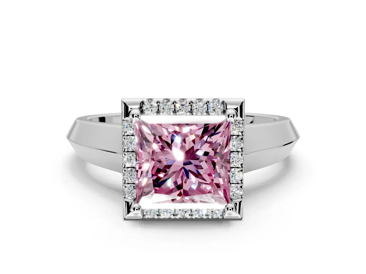 Halo Engagement Ring Setting for Fancy Pink Princess Cut Center with Knife Ridge Cathedral Band and Prong Head in Platinum