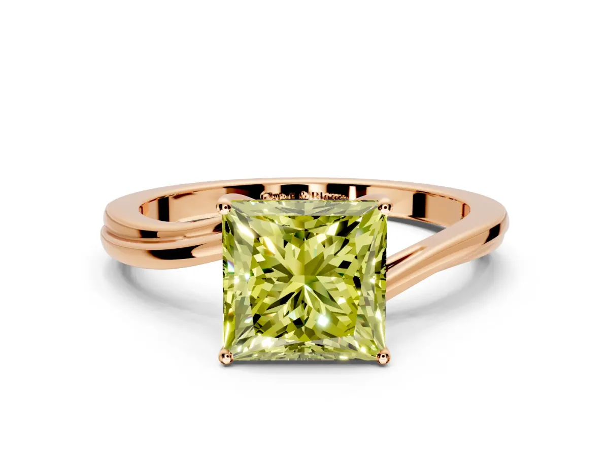 Solitaire Engagement Ring Setting for Fancy Yellow Princess Cut Center with Plain Bypass Twist Band and Prong Head in Rose Gold