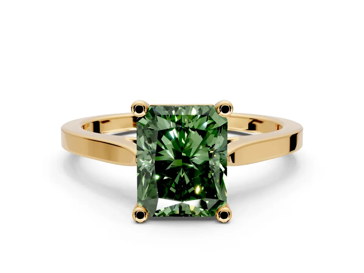 Solitaire Engagement Ring Setting for Fancy Green Radiant Cut Center with Tapered Shoulders and Prong Head in Yellow Gold