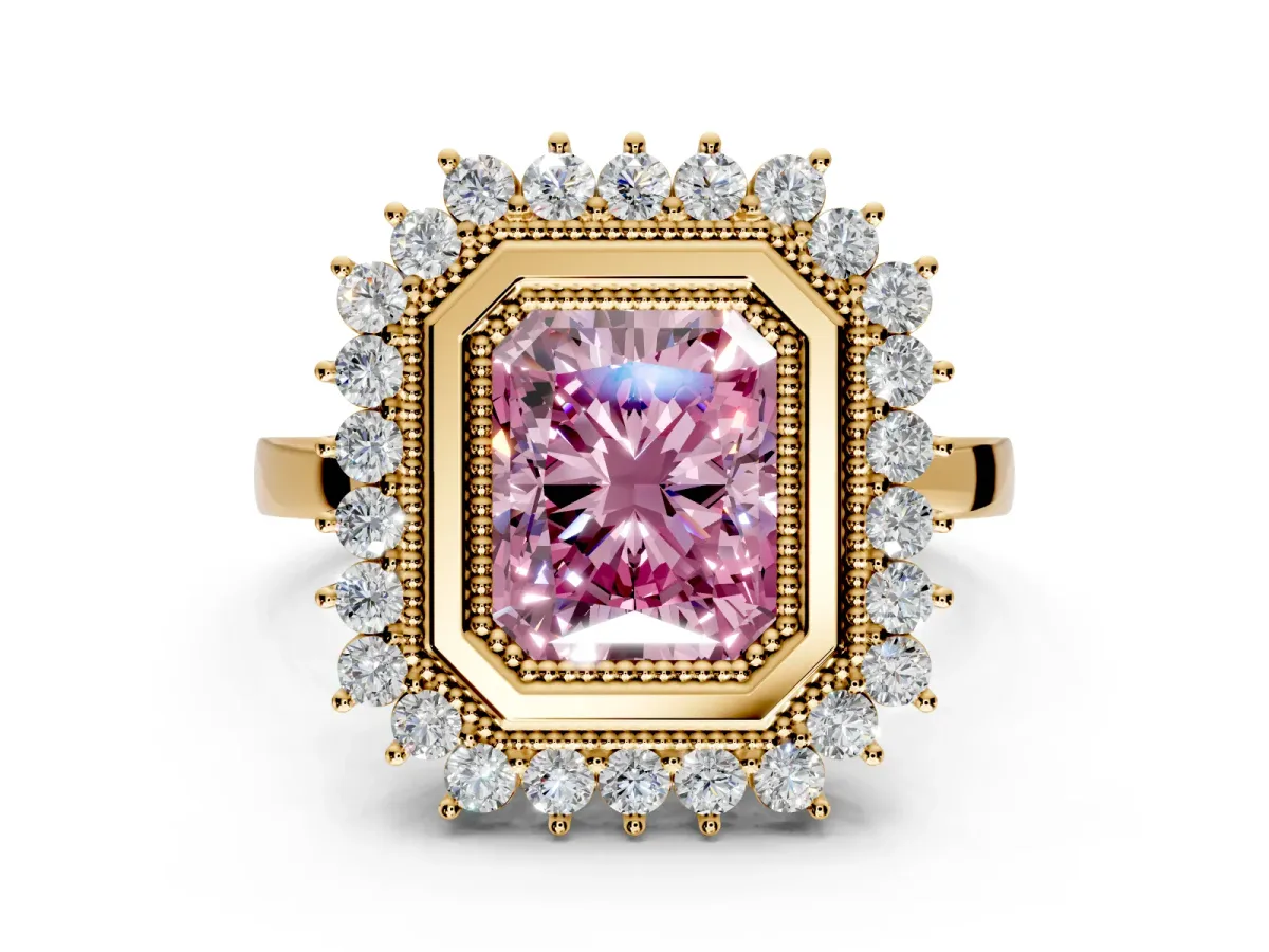 Halo Engagement Ring Setting for Fancy Pink Radiant Cut Center with Milgrain Bezel Rim, Plain Band and Prong Head in Yellow Gold