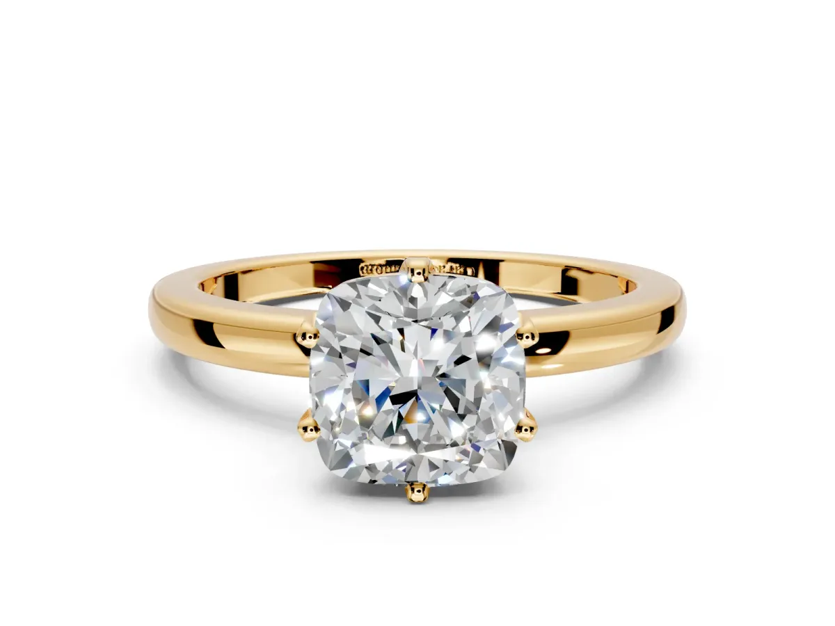 Solitaire Engagement Ring Setting for Cushion Cut Center with Plain Band and Tulip Prong Head in Yellow Gold