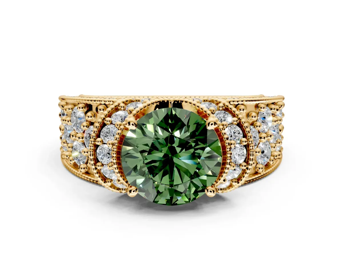 Pave Engagement Ring Setting for Fancy Green Round Cut Center with Curved Accent Rows, Openwork and Prong Head in Yellow Gold