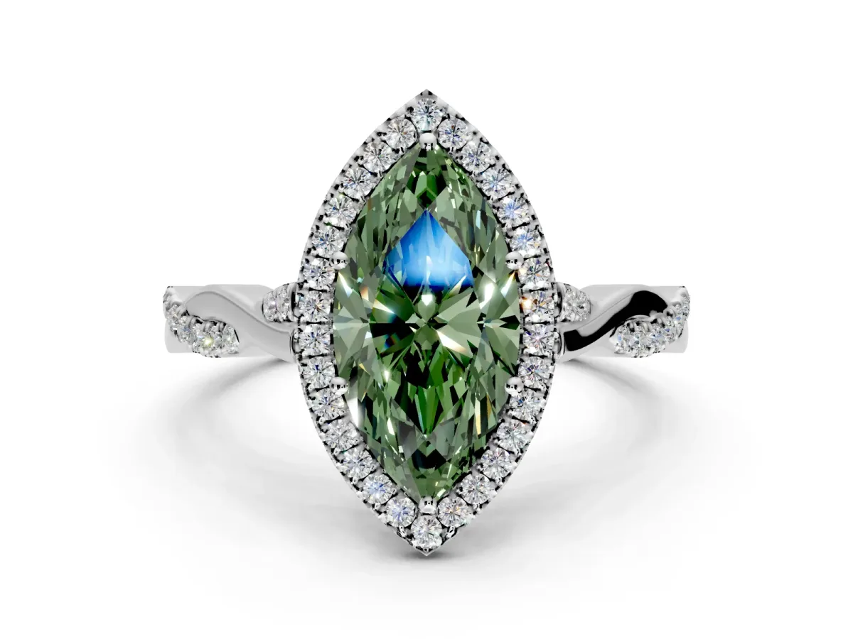 Halo Engagement Ring Setting for Fancy Green Marquise Center with Twist Band and Prong Head in Sterling Silver