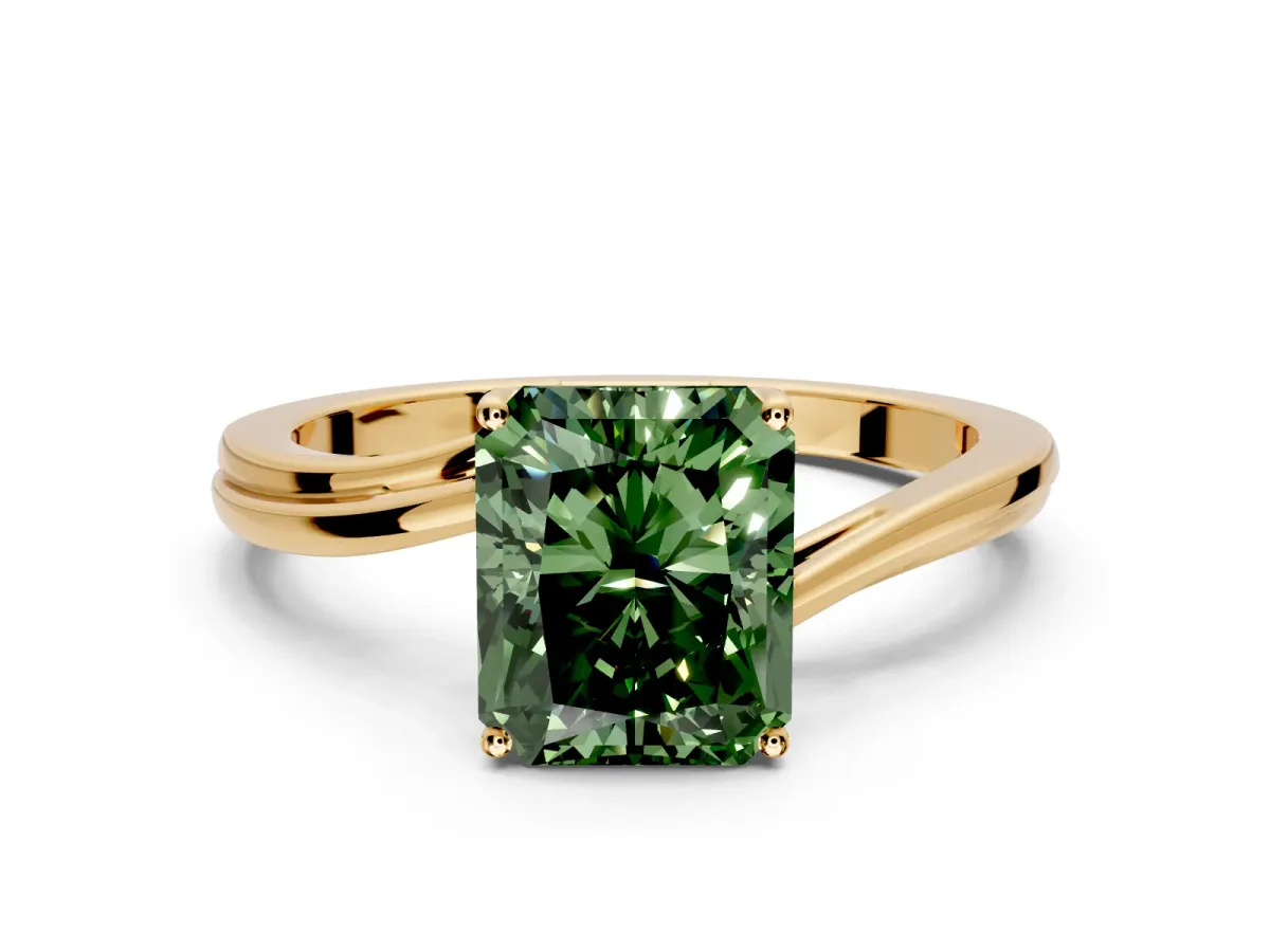 Solitaire Engagement Ring Setting for Fancy Green Radiant Cut Center with Plain Bypass Twist Band and Prong Head in Yellow Gold