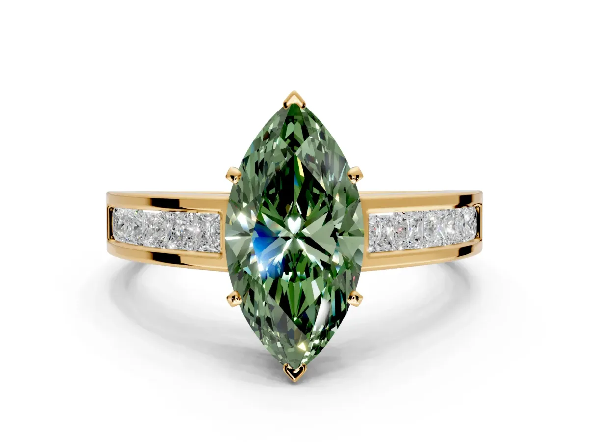 Solitaire Engagement Ring Setting for Fancy Green Marquise Center with Princess Cut Channel Band and Prong Head in Yellow Gold