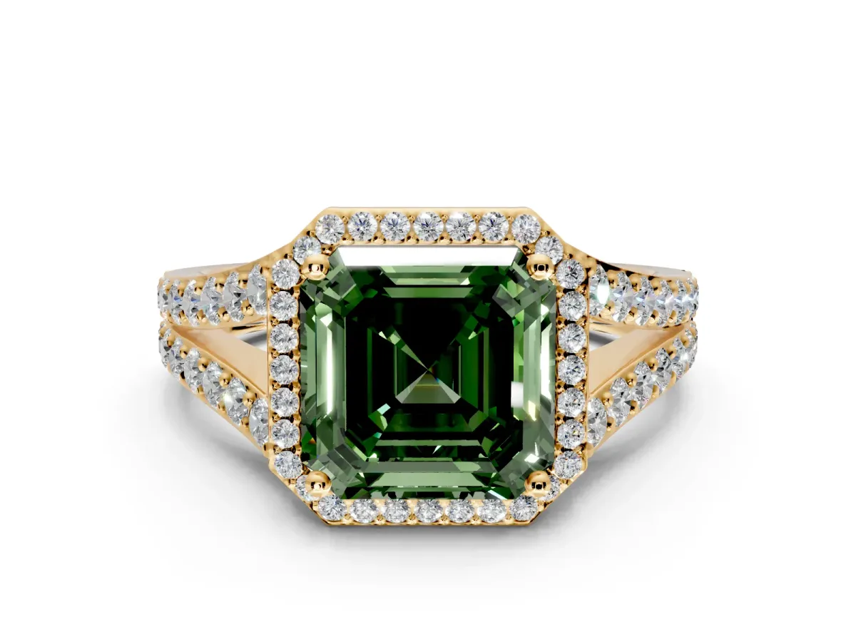 Halo Engagement Ring Setting for Fancy Green Asscher Cut Center with Narrow Pave Split Shank and Prong Head in Yellow Gold
