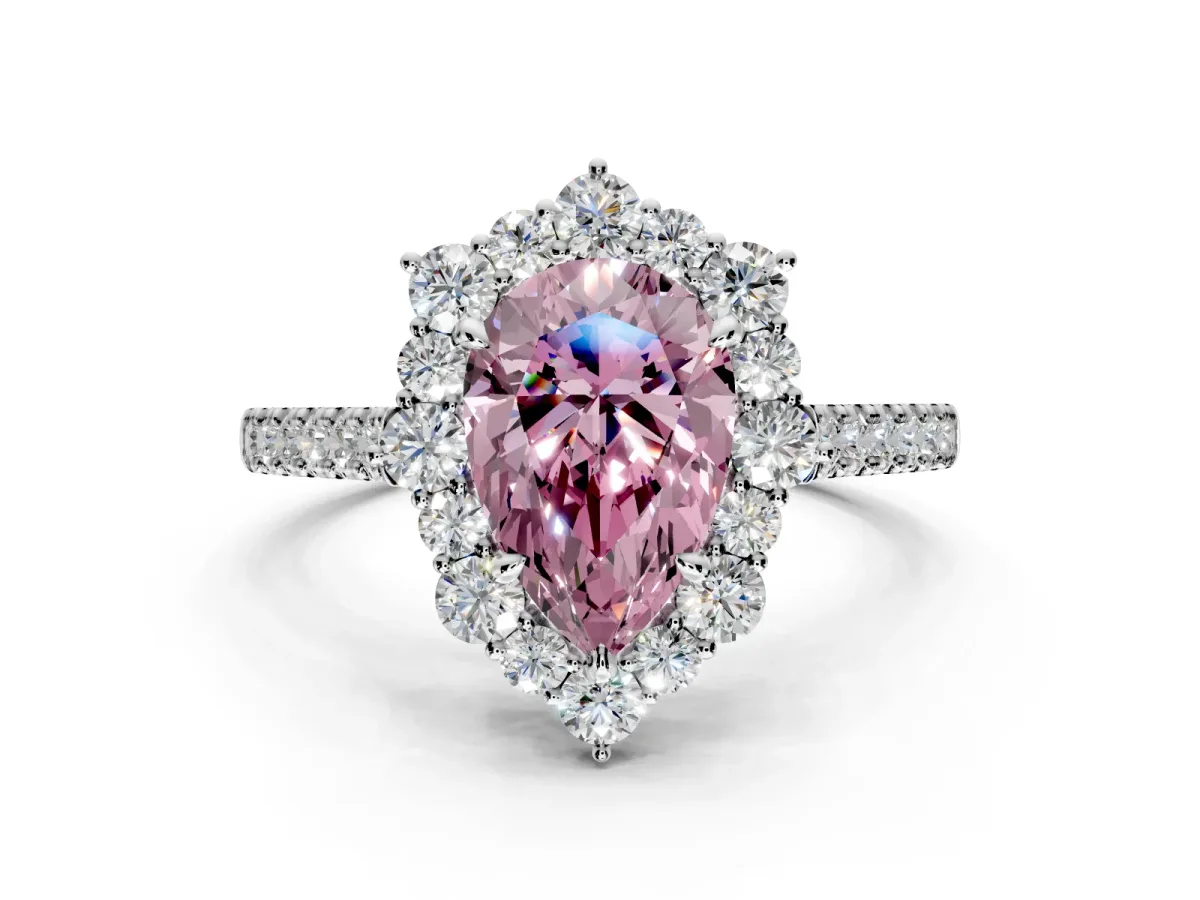 Halo Engagement Ring Setting for Fancy Pink Pear-Shaped Center with Single-Row Pave, Open Basket and Prong Head in Platinum