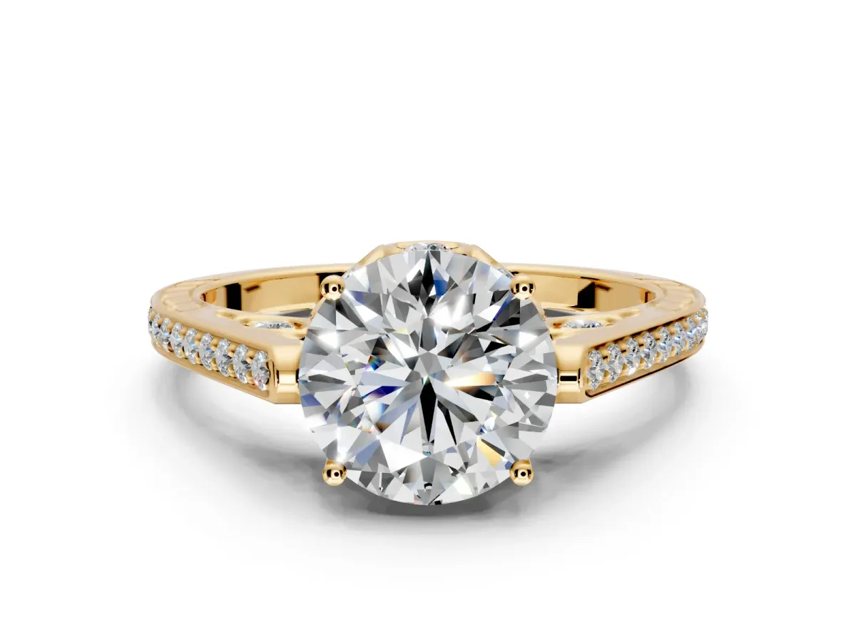 Cathedral Engagement Ring Setting for Round Cut Center with Antique-Style Pave Band and Prong Head in Yellow Gold