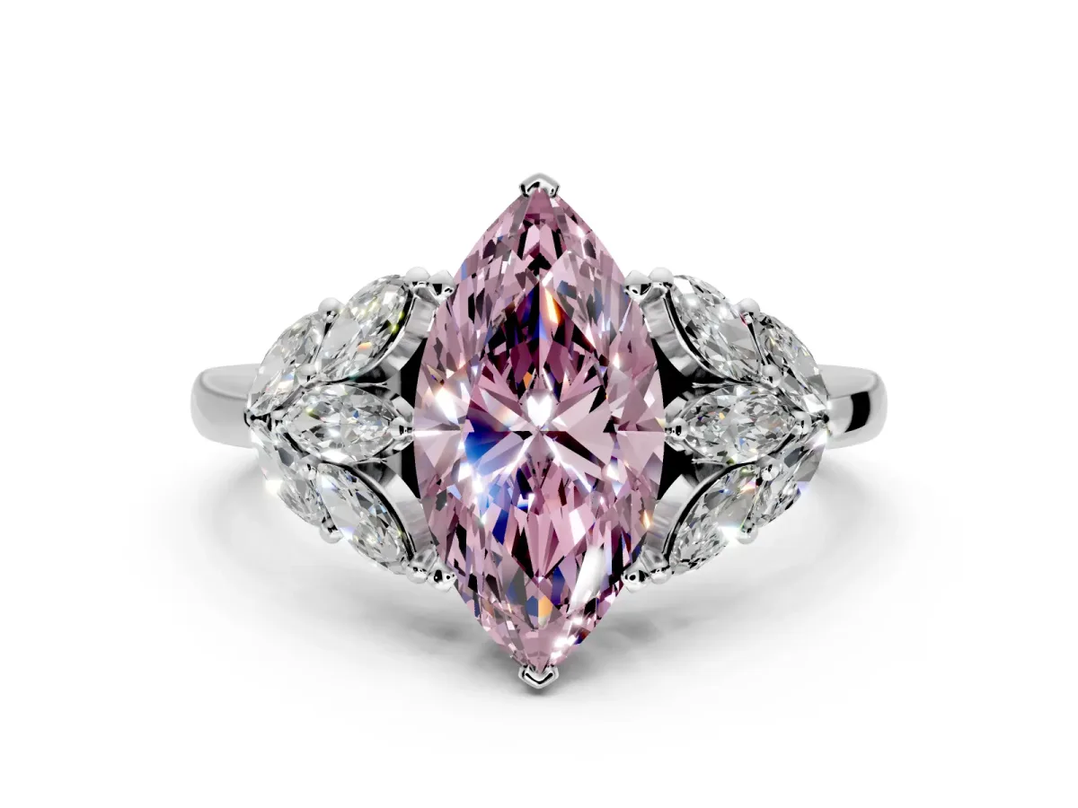 Leaf Cluster Engagement Ring Setting for Fancy Pink Marquise Center with Marquise Accents and Prong Head in Platinum