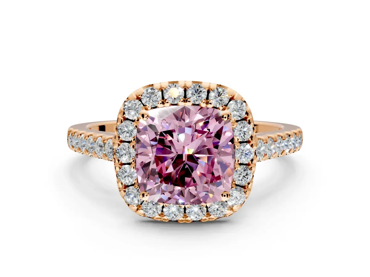 Halo Engagement Ring Setting for Fancy Pink Cushion Cut Center with Narrowing Pave Band and Prong Head in Rose Gold