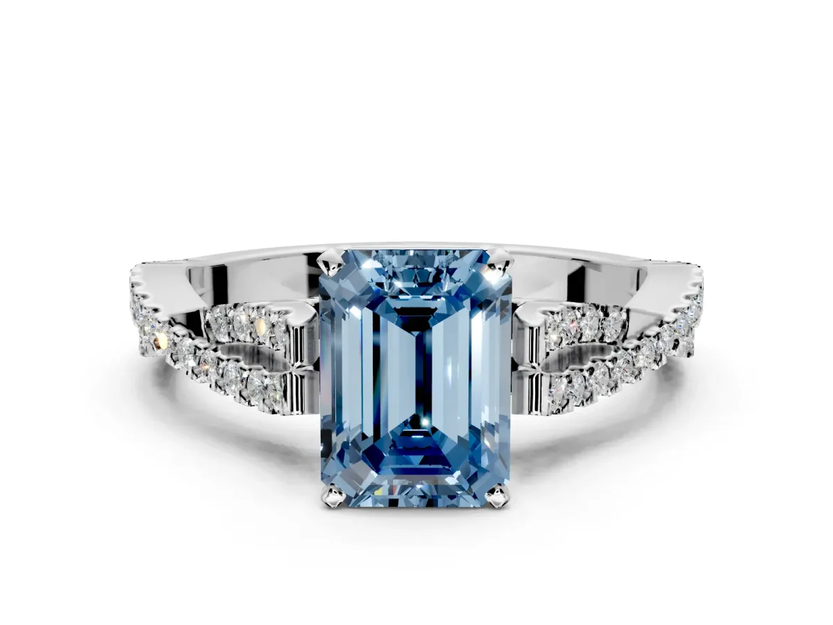Solitaire Engagement Ring Setting for Fancy Blue Emerald Cut Center with Twisted Pave Split Shank and Prong Head in Sterling Silver