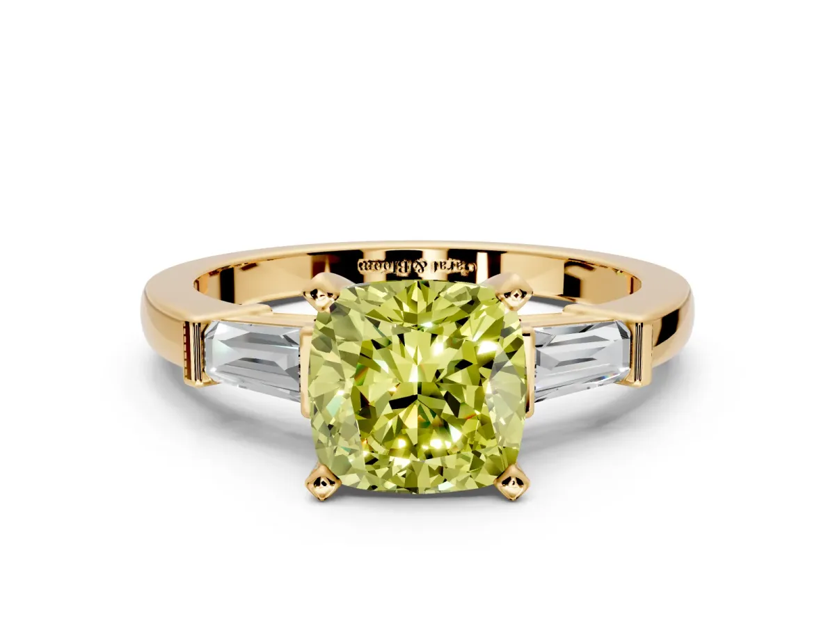 3 Stone Engagement Ring Setting for Fancy Yellow Cushion Cut Center with Channel Baguette Accents and Prong Head in Yellow Gold