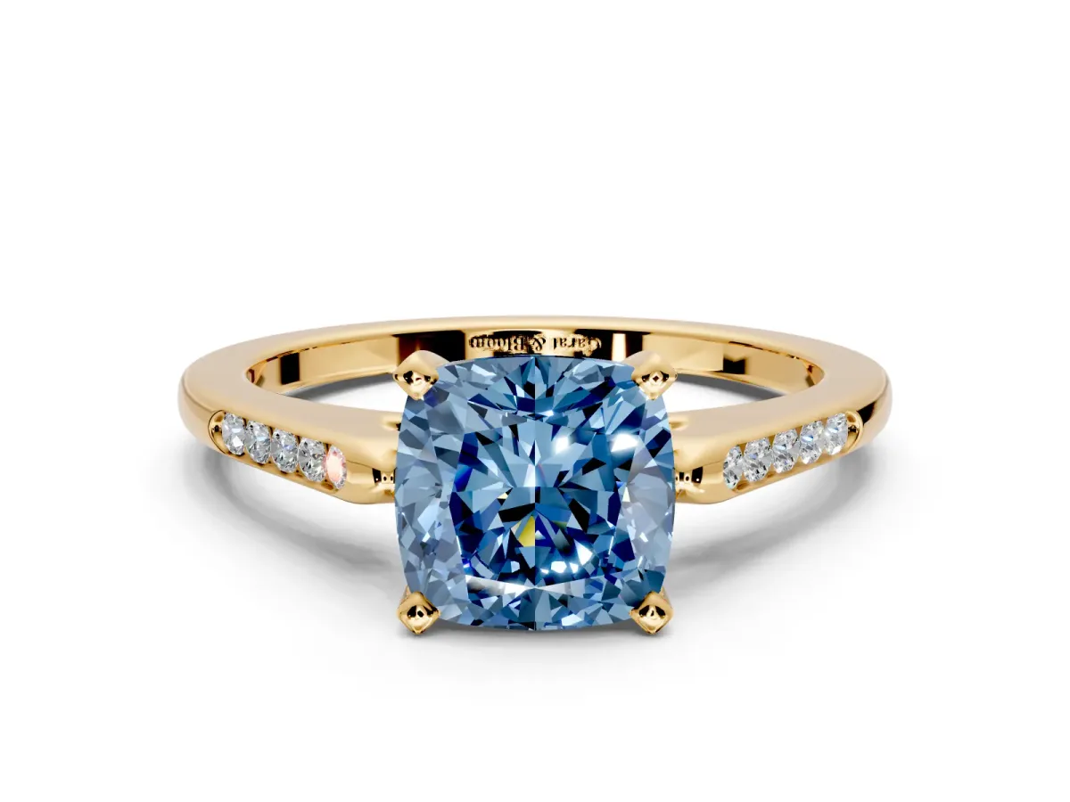 Solitaire Engagement Ring Setting for Fancy Blue Cushion Cut Center with Channel Accents and Prong Head in Yellow Gold