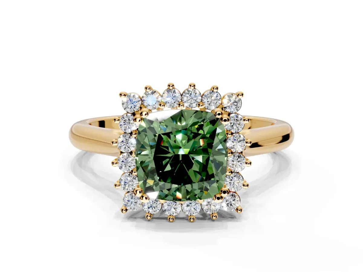 Starburst Halo Engagement Ring Setting for Fancy Green Cushion Cut Center with Thin Round-Wire Band and Prong Head in Yellow Gold