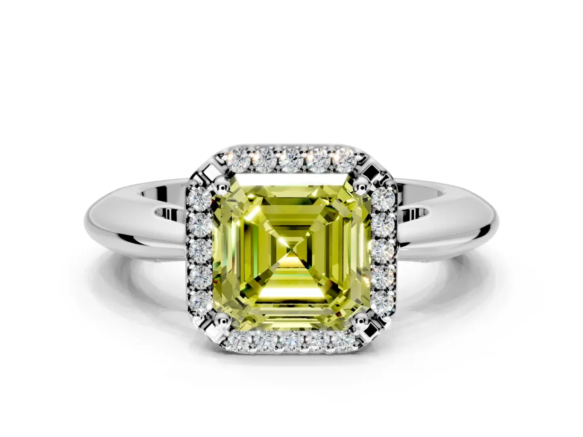 Halo Engagement Ring Setting for Fancy Yellow Asscher Cut Center with Tapered Plain Band and Prong Head in Platinum