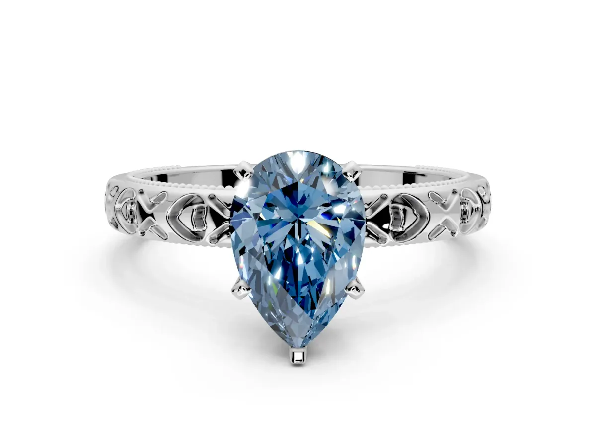 Solitaire Engagement Ring Setting for Fancy Blue Pear-Shaped Center with XO Engraved Band and Prong Head in Platinum